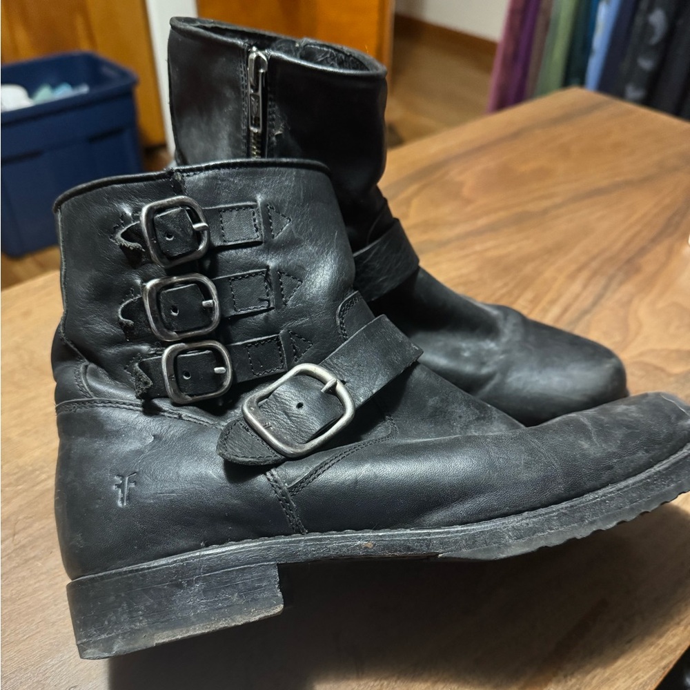Black Leather FRYE Buckle Boots